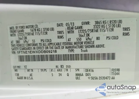 2013 Ford E-150 Commercial z USA, uszkodzony, nr VIN 1FTNE1EWXDDB09218